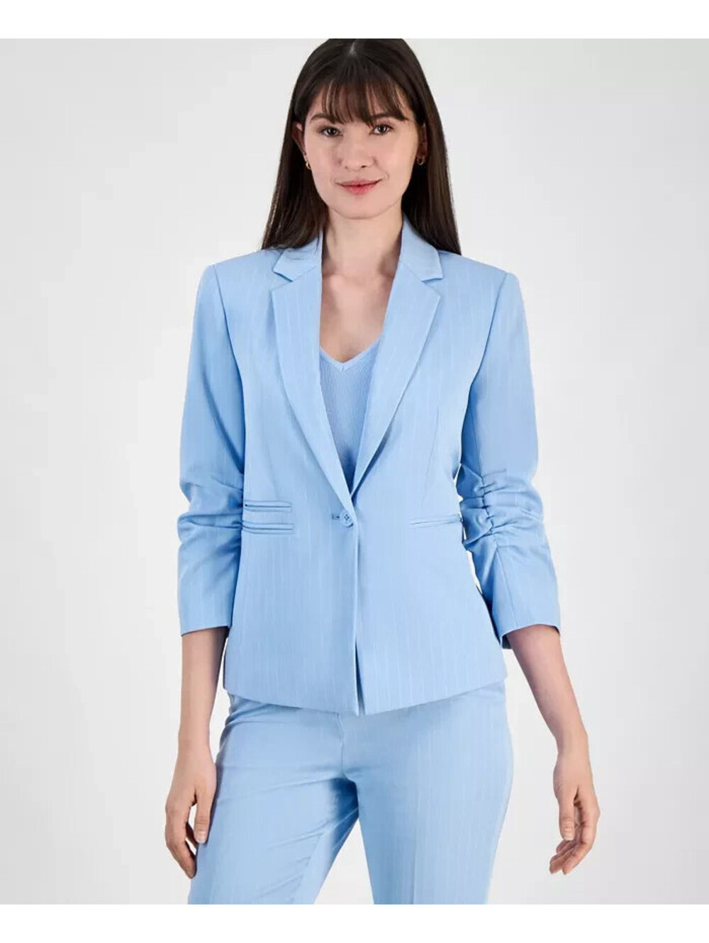 Tahari ASL Women's Pinstripe 1 Button Scrunched-Sleeve Jacket Blazer Ice Blue 14